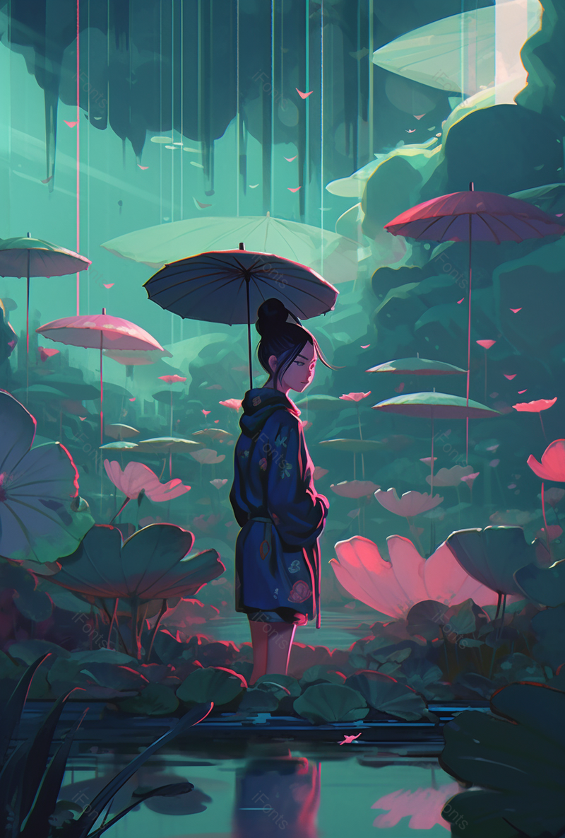 怀旧风荷花池撑伞卡通人物手绘插画,插画/手绘图,插画/手绘图库,插画/手绘图下载,插画/手绘